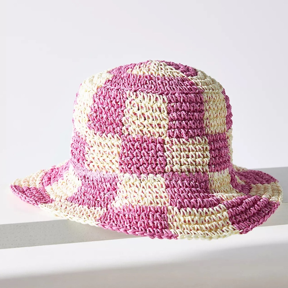 Anthropologie Wyeth Checkered Straw Bucket Hat NEW!!